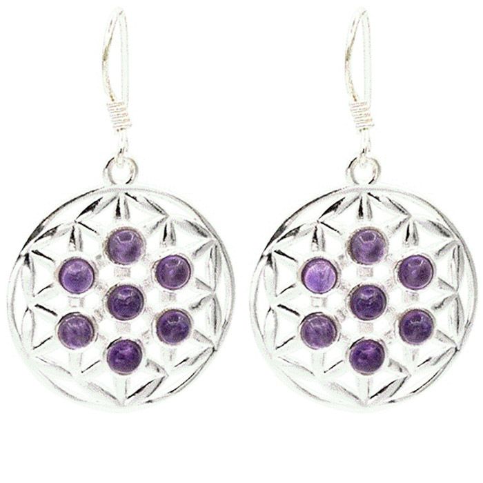 AMETHYSTE-BOUCLE OREILLE FLEUR DE VIE SUR ARGENT 925 AMETHYSTE-BOUCLE OREILLE FLEUR DE VIE SUR ARGENT 925